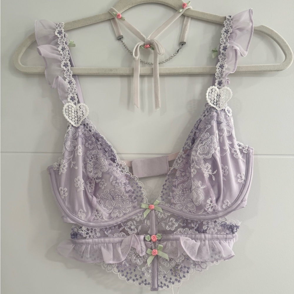 For Love And Lemons Lavender Lace Underwire Bralette with Floral Trim